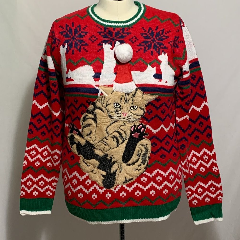 Ugly Christmas Sweater Cat Kitten Grooming Licking Sitting Snowflake Men Women L